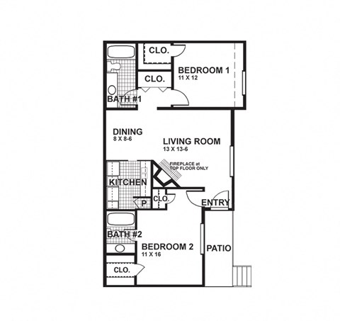 Floor plan for 2 beds, 2 baths, 859 sqft